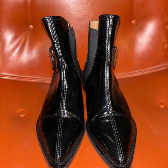 EUC - GANNI Black Patent Leather Buckle Chelsea Moto Booties- Sz 37 - Picture 2 of 6